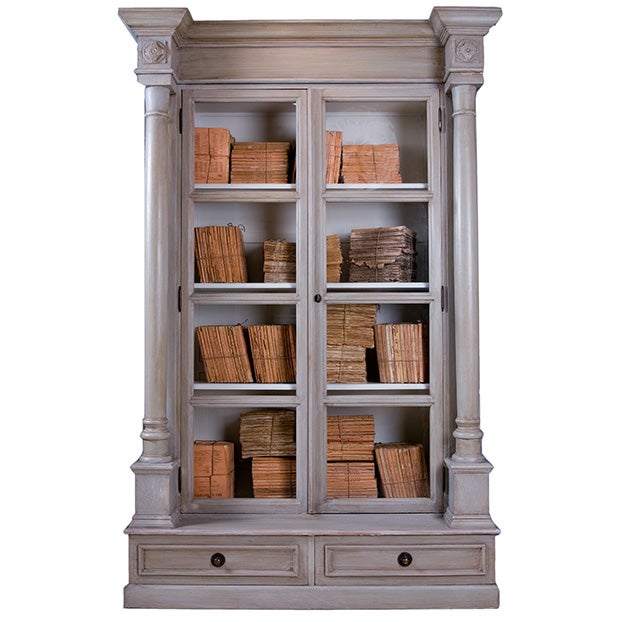 pale grey wooden bookcase with columns at 1stDibs