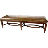 Custom made Leather bench with brass star detail inlaid in wood. Custom made Leather bench with brass star detail inlaid in wood.