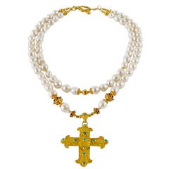 18k Baroque Pearl, Ruby and Turquoise cross necklace