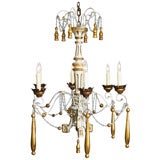 Painted and Goldleaf wooden 6 arm chandelier with crystal.