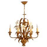 c.1940-1950 Italian Gilded Metal 6 Light Chandelier w/ Flowers