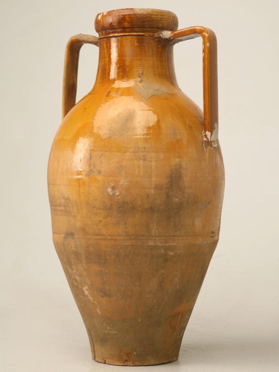 Italian Enameled Terracotta Olive Oil Jar from Puglia Region