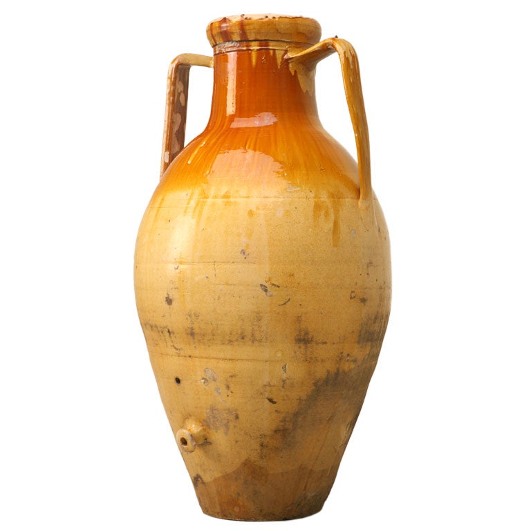 Italian Enameled Terracotta Olive Oil Jar from Puglia Region