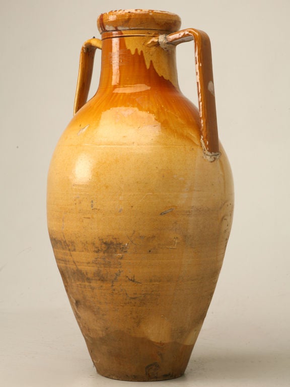 Italian Enameled Terracotta Olive Oil Jar from Puglia Region