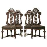 Antique c.1850 Set of 4 French Walnut and Tooled Leather Dining Chairs