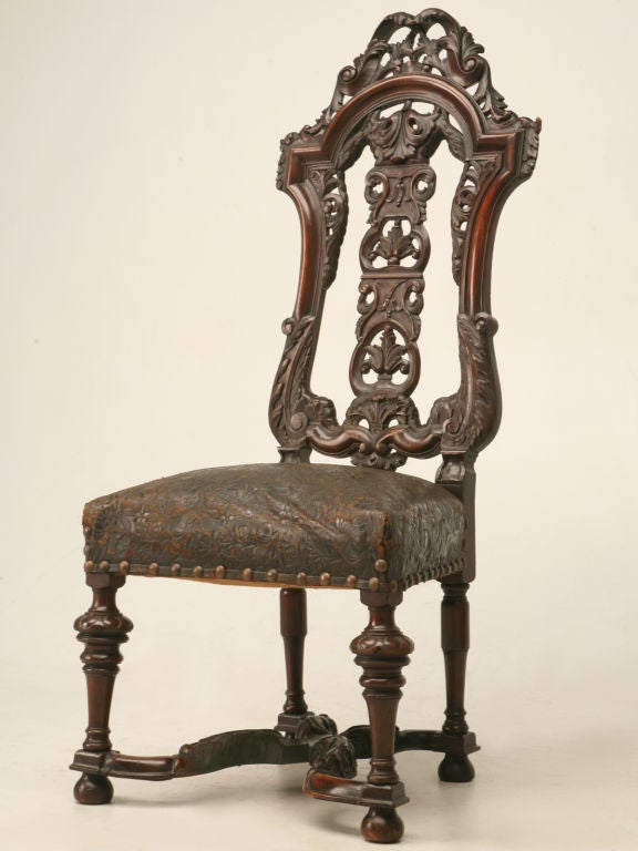 c.1850 Set of 4 French Walnut and Tooled Leather Dining Chairs