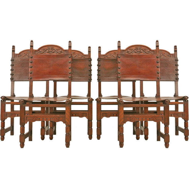 c.1920 Set of 6 Spanish Oak and Leather  Dining Chairs