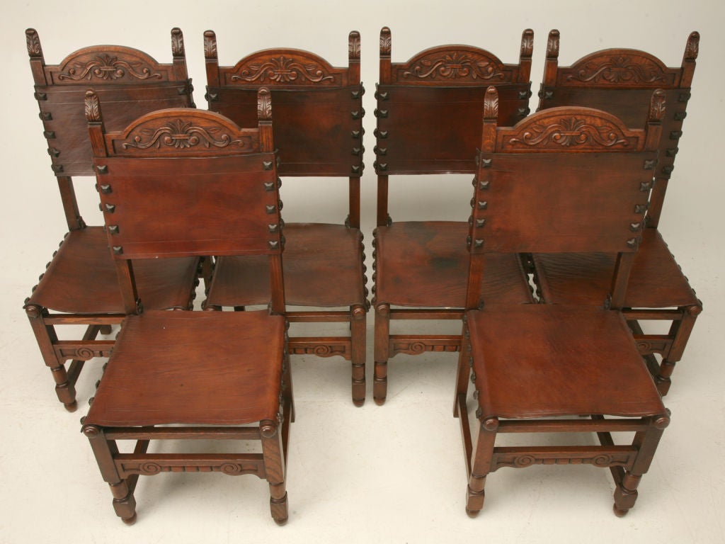 c.1920 Set of 6 Spanish Oak and Leather  Dining Chairs 1