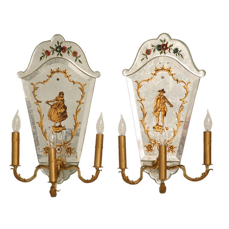 Magnificent Pair of Vintage Italian Eglomise 3 Light Wall Sconces