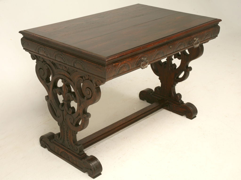 c.1850 French Hand-Carved Solid Oak Library Table