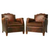 Antique c.1920 Pair of French Leather & Mohair Club Chairs