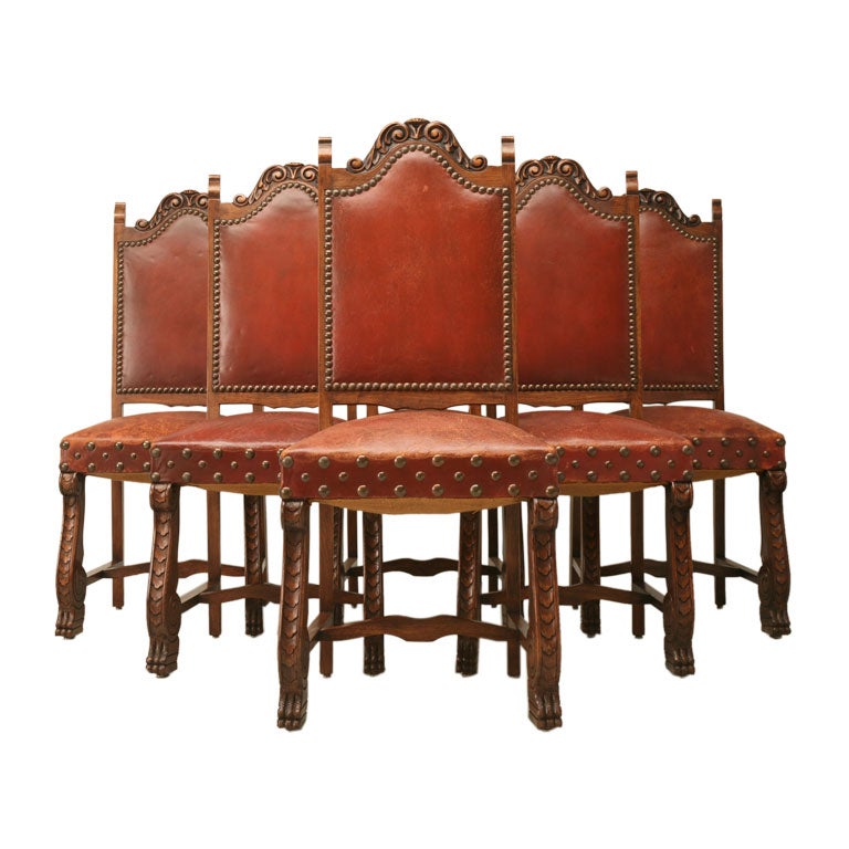 c.1930 Set of 6 HandCarved Spanish Oak and Leather Dining Chairs at