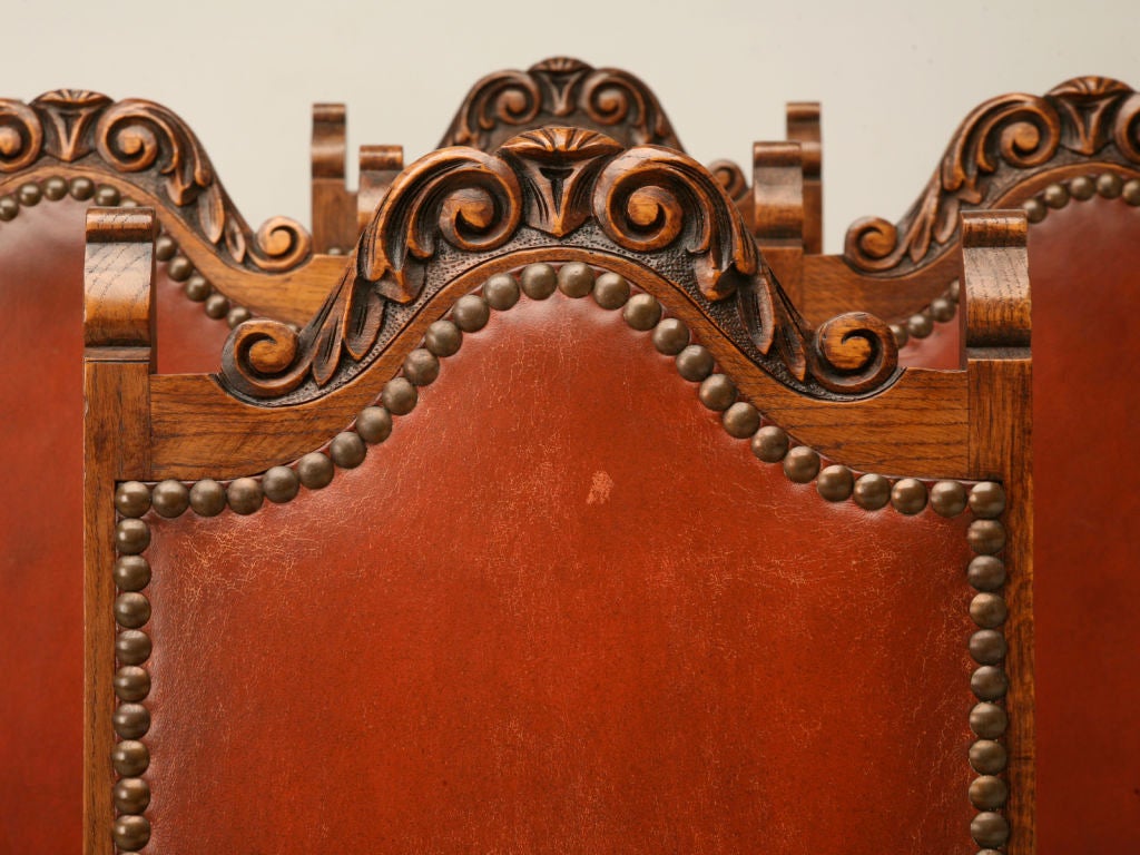 c.1930 Set of 6 Hand-Carved Spanish Oak & Leather Dining Chairs