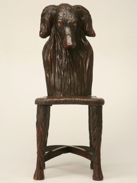Unusual hand-carved French Mountain Region sculptural dog chair made from walnut. If your creative inner genius enjoys fine and unusual objets, then look no further as this chair is Folk Art at it's best.