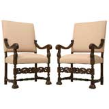 Antique c.1800 Pair of French Hand-Carved Oak Throne Chairs