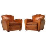 Pair of French 40's Leather Moustache Back Club Chairs