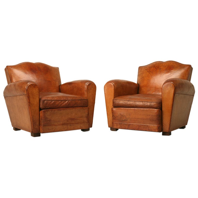 Pair of French 40's Leather Moustache Back Club Chairs
