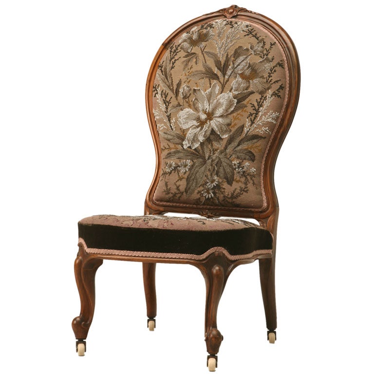c.1860 Handmade English Beaded Slipper Chair w/ Rosewood Frame