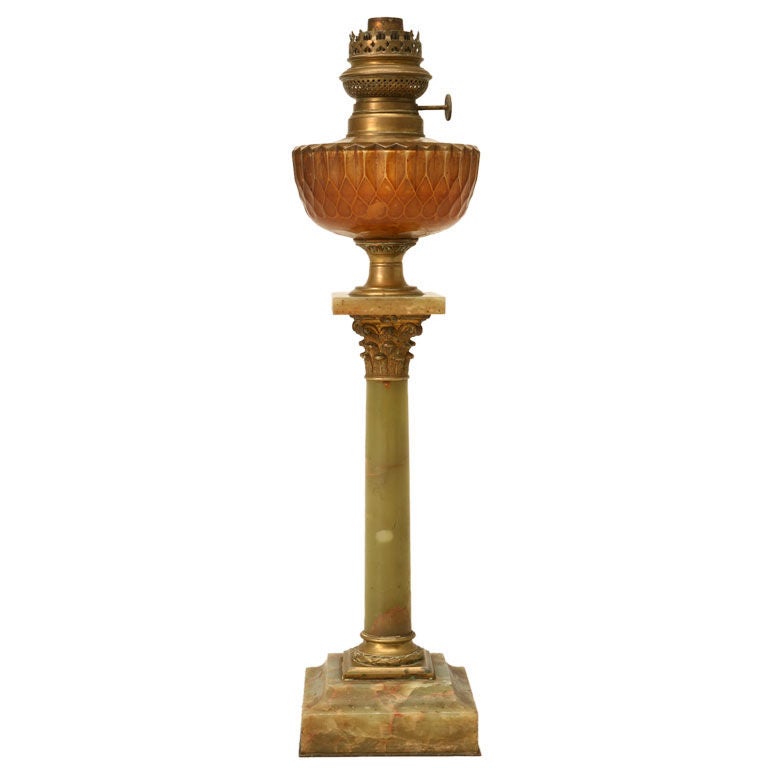 c.1900 French Onyx & Bronze Kerosene Lamp