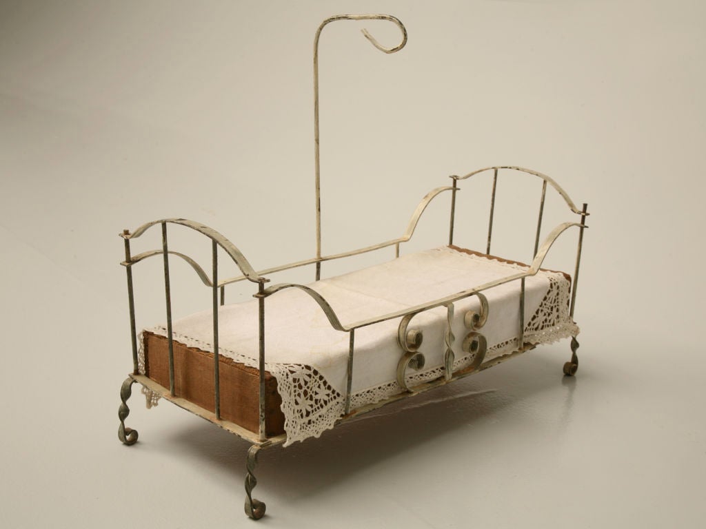 Fabric c.1910 French Hand-Formed Metal Doll Bed w/Canopy