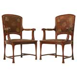 Antique c.1888-1910 Pair of Art Nouveau Embossed Leather Armchairs