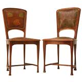 Antique c.1888-1910 Pair of Art Nouveau Embossed Leather Side Chairs