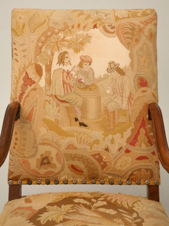 c.1870 French White Oak & Needelpoint Throne Chair