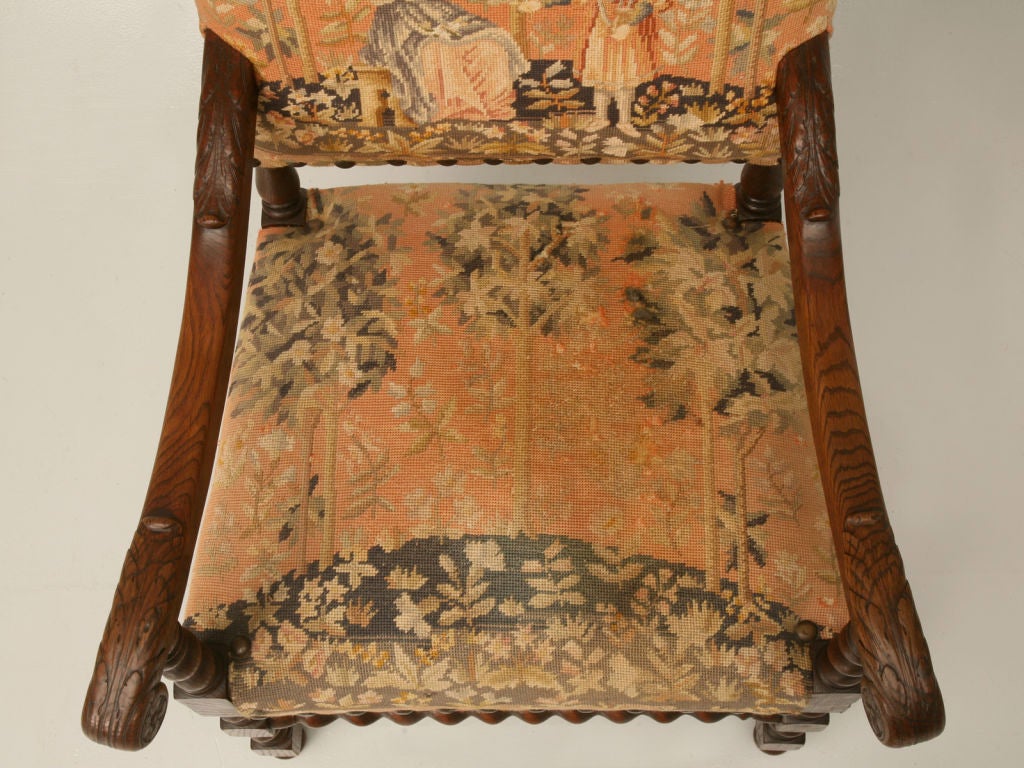 c.1780 Hand-Carved English Oak & Needlepoint Throne Chair 1
