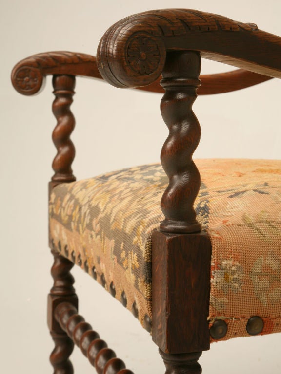 c.1780 Hand-Carved English Oak & Needlepoint Throne Chair 3