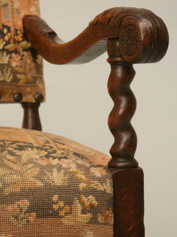 c.1780 Hand-Carved English Oak & Needlepoint Throne Chair 5
