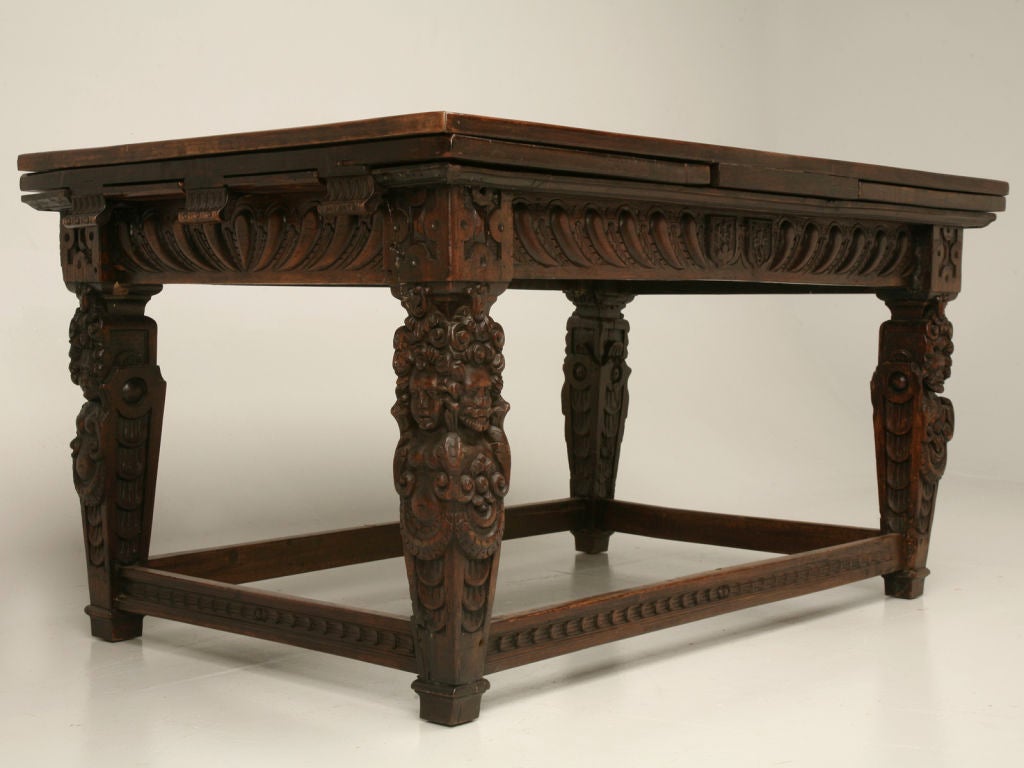 Phenomenal Hand-Carved Italian Walnut Draw Leaf Table