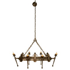 Antique French Hand-Forged Iron Oval Chandelier, circa 1920