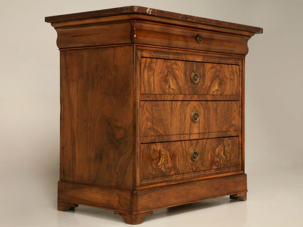 Gorgeous antique French Louis Philippe book-matched burled walnut 3/4 scale commode. The awesome artistry that has gone into this amazing chest is almost startling, to think that over 130 years ago, one person had the woodworking skills and the eye