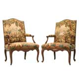 Pair Antique Louis XV Fauteuils w/ Aubusson Tapesrtry Upholstery