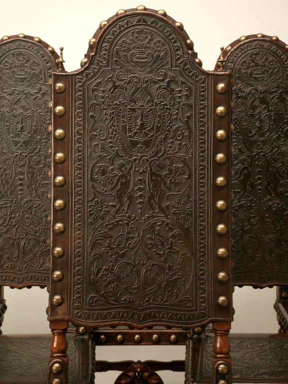 c.1880 Set of 6 Spanish Hand-Tooled Leather & Walnut Chairs