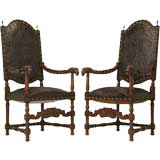 c.1750 Pair of Spanish Hand-Tooled Leather & Walnut Armchairs