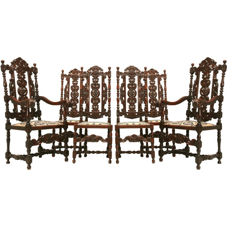 Set of 6 Original Antique French Hand-Carved Oak Dining Chairs