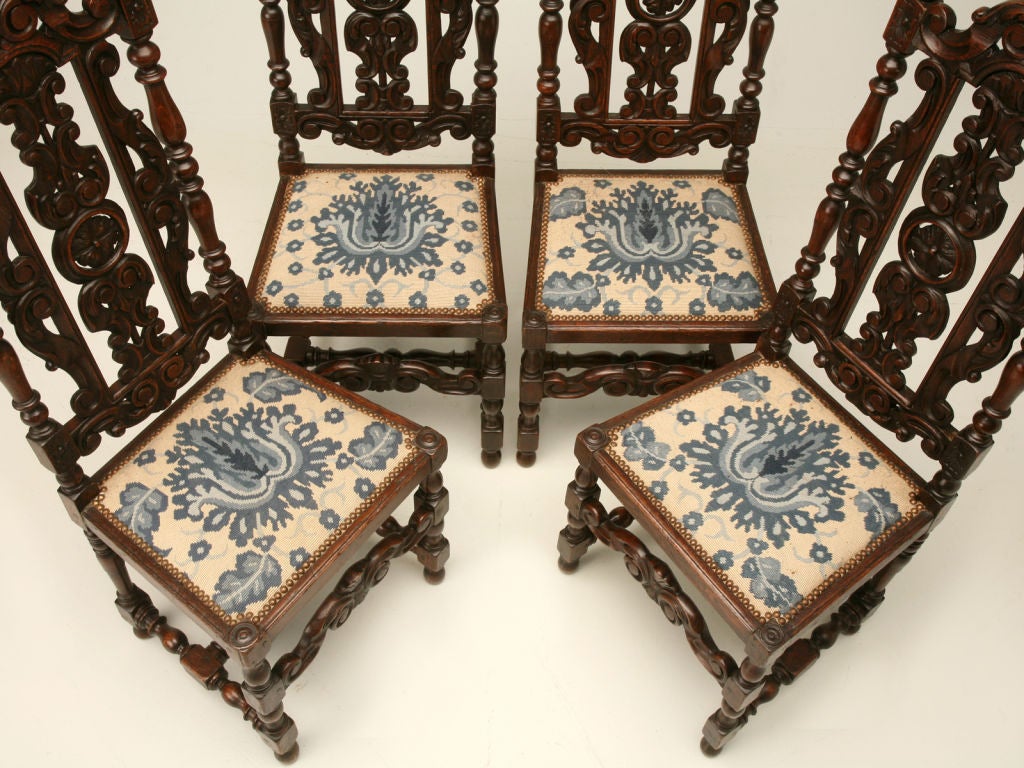 Needlepoint Set of 6 Original Antique French Hand-Carved Oak Dining Chairs