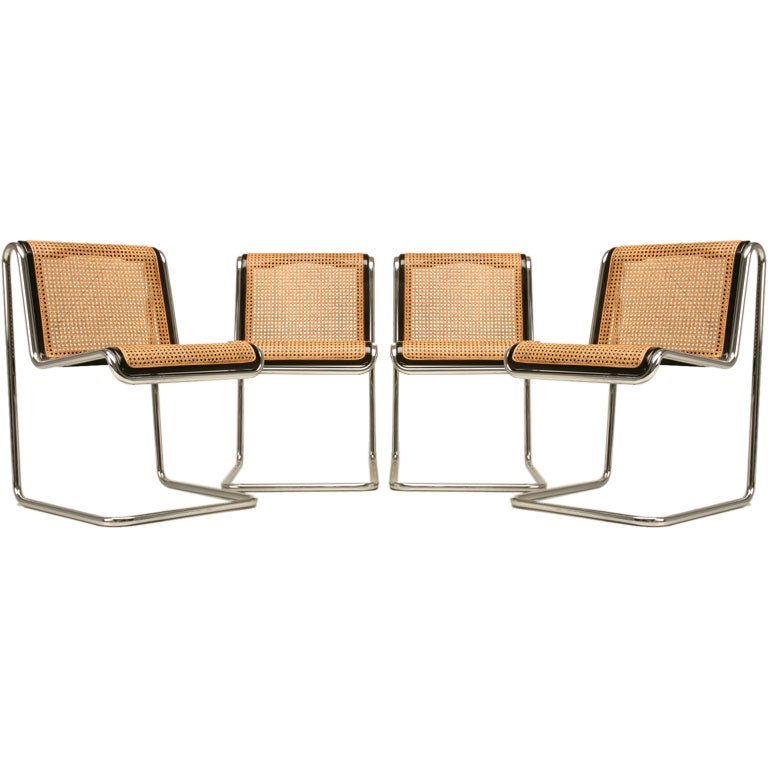 c.1972 Groovy Set of 4 High Style Chrome & Cane Side chairs