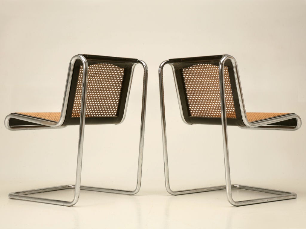 Stainless Steel c.1972 Groovy Set of 4 High Style Chrome & Cane Side chairs