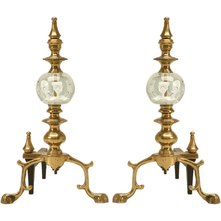c.1960 Pair of St. Clair Paperweight & Brass Andirons