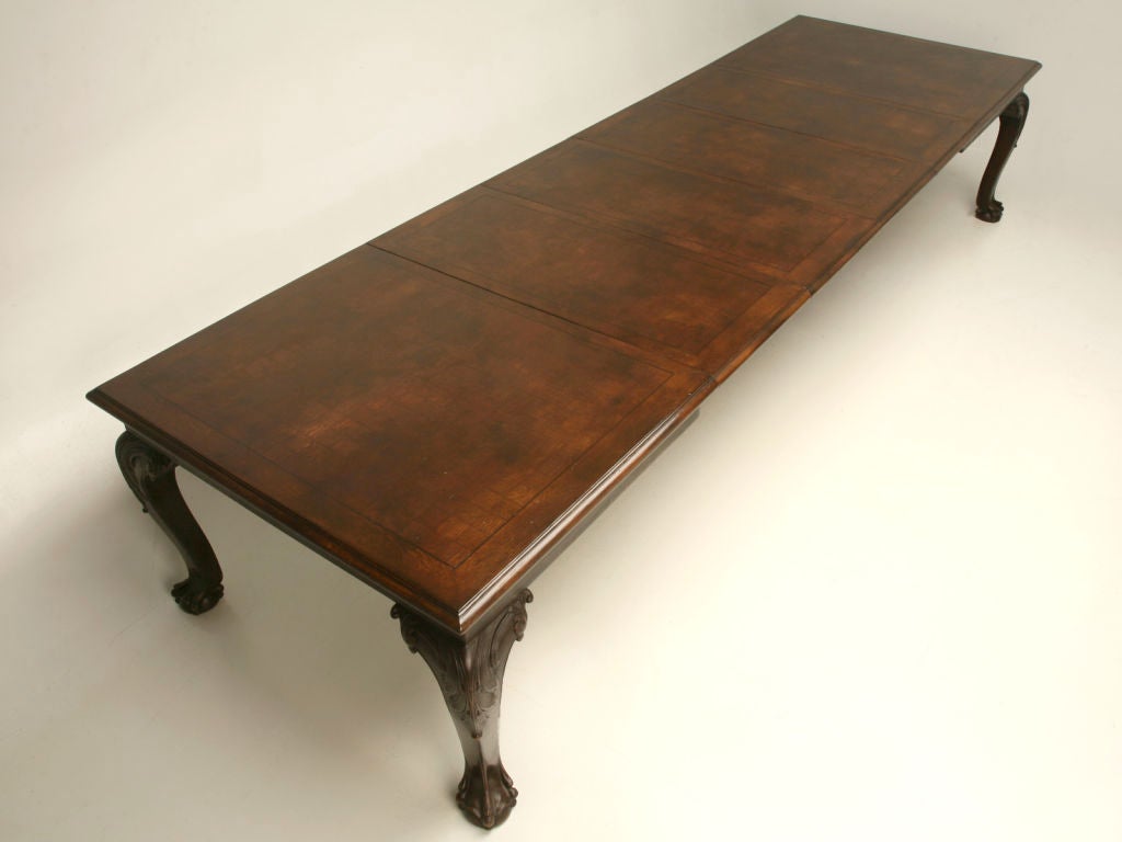 Antique English Oak Chippendale Dining Table w/Four Leaves