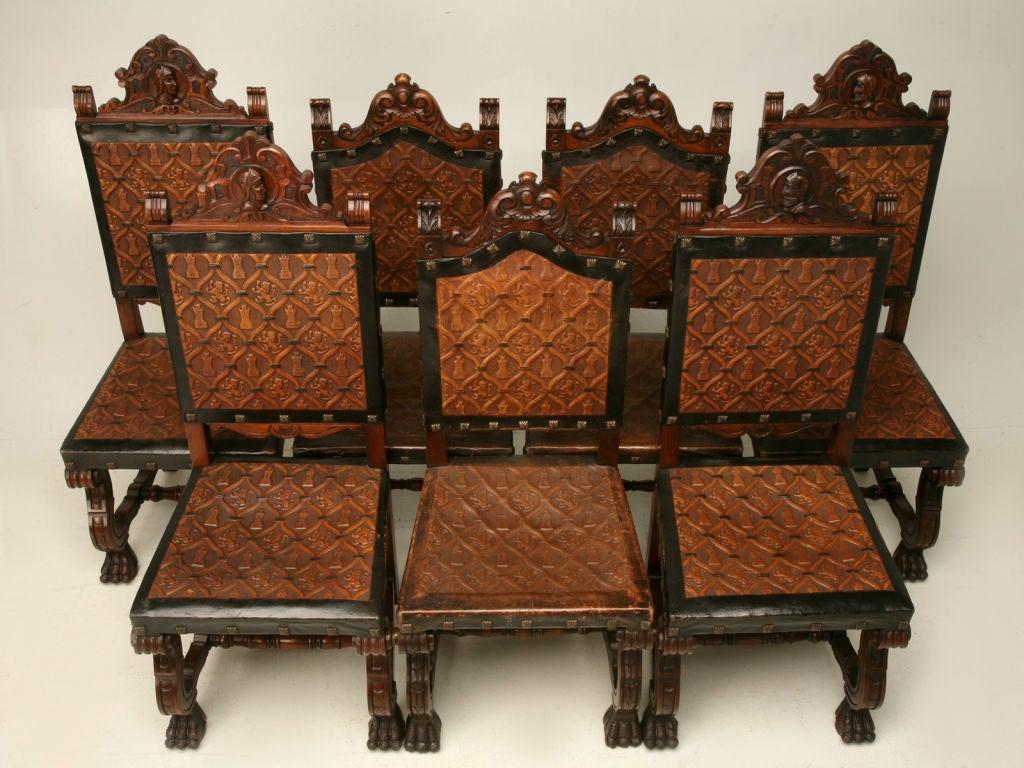 Mahogany c.1940 Set of 10 Spanish Hand-CarvedTooled Leather Dining Chairs
