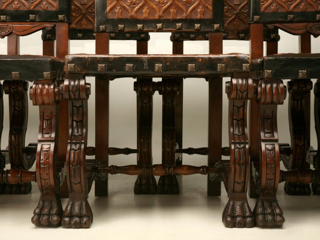 c.1940 Set of 10 Spanish Hand-CarvedTooled Leather Dining Chairs 1
