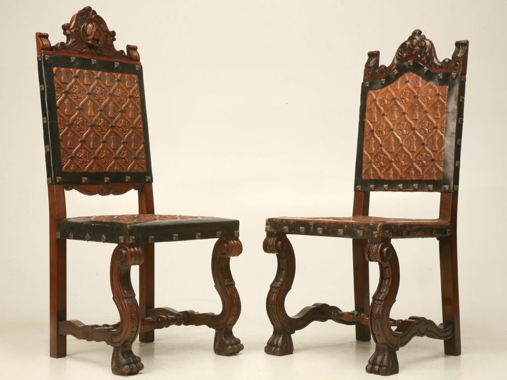 c.1940 Set of 10 Spanish Hand-CarvedTooled Leather Dining Chairs 2