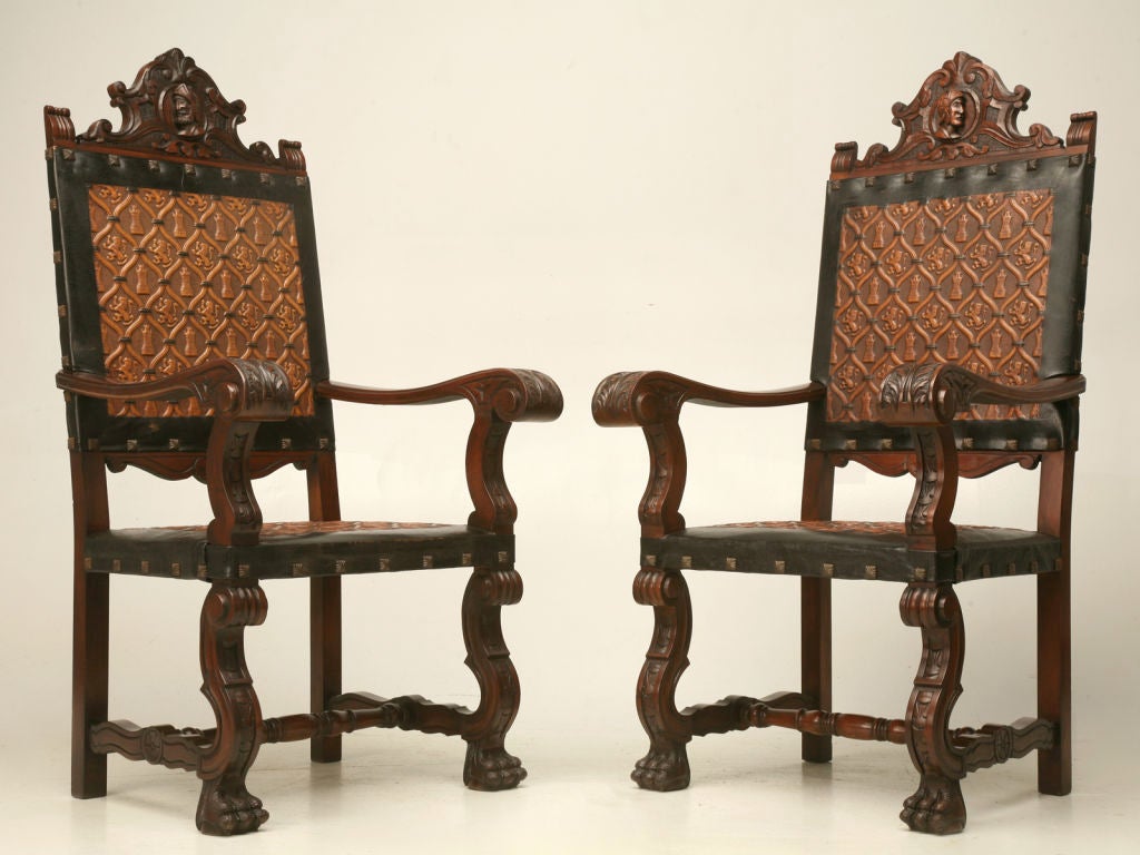 c.1940 Set of 10 Spanish Hand-CarvedTooled Leather Dining Chairs 3