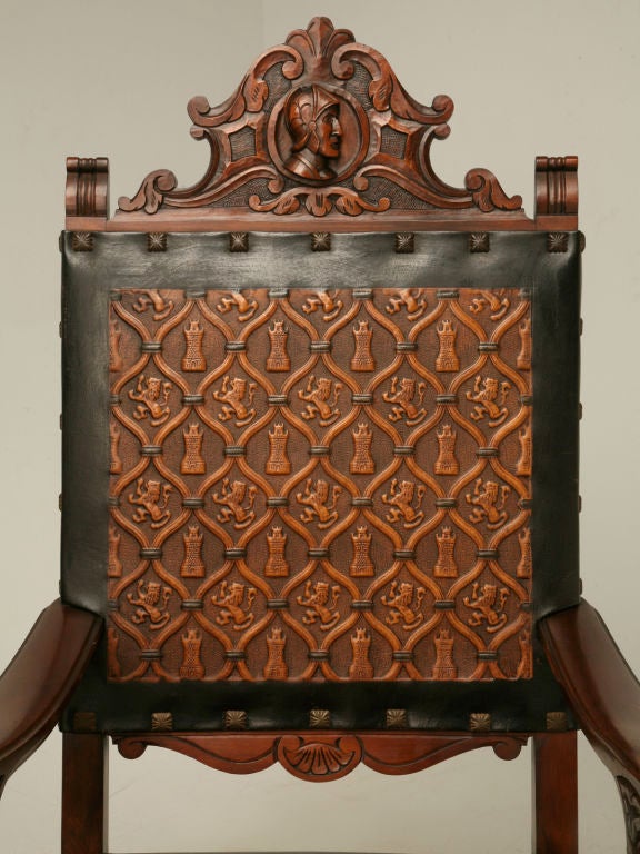 c.1940 Set of 10 Spanish Hand-CarvedTooled Leather Dining Chairs 4