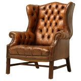 c.1900 English Chippendale Tufted Leather Wing Back Chair