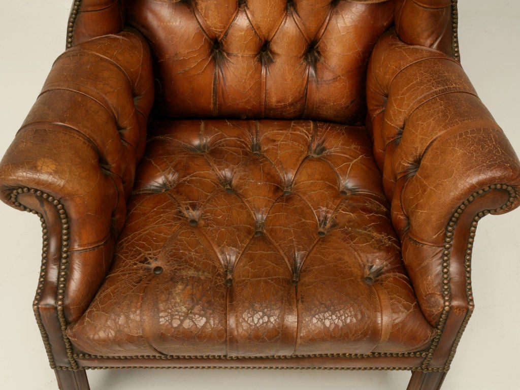 c.1900 English Chippendale Tufted Leather Wing Back Chair 4