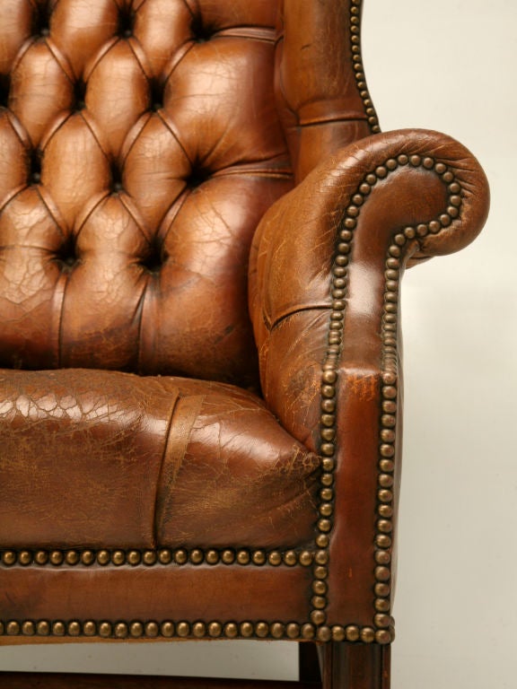 c.1900 English Chippendale Tufted Leather Wing Back Chair 6
